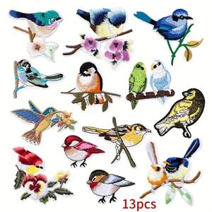 TEMU 13개 신상 창의적인 꽃과 새 스타일 잉어새 및 앵무새 테마 세트 자수 천 스티커 옷, 신발, 모자, 가방 다림질 또는 재봉 장식 천 스티커
