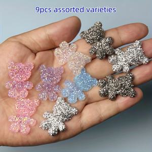 TEMU 9개 세트 반짝이 레진 곰돌이 - 미니 곰돌이 장식품, DIY 액세서리, 머리핀, 공예, 신발 버클, 선물용 비즈 세트