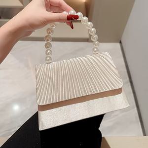 TEMU 새로운 새틴 클러치 진주 스트링 핸드백 드레스 이브닝 백 우아한 플리츠 플랩 백 스타일링 스몰 스퀘어 백, 결혼식, 컨퍼런스, 연회, 파티, 댄스에 매우 적합. 여성에게 최고의 선물