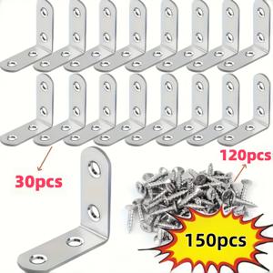 TEMU 150개 스테인리스 스틸 L자 브래킷 세트 (30개 코너 브레이스 및 120개 나사 포함), 스테인리스 스틸 재질, 1.57X1.57인치, 90도 각도, 나무 선반, 의자, 테이블, 화장대 및 가구 조립에 적합