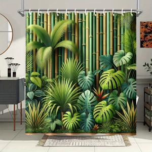 TEMU bamboo wall pattern과 green leaves pattern이 있는 12개의 후크가 있는 샤워 커튼, 71x71인치로 측정되어 폴리에스터로 제작되어 집 욕실 장식에 적합한 스타일리시한 샤워 커튼 파티션, 모든 욕실과 막대에 적합하며 모든 계절에 사용할 수 있으며 실내 및 실외 모두 사용할 수 있습니다.