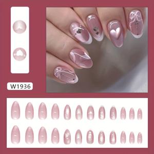 TEMU 우아한 캣아이 참 퍼플 하트 리본 인스타 스타일 탈부착식 누름식 인조네일