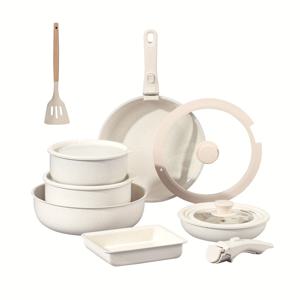 TEMU 13피스 세트 세라믹 코팅 조리 기구 (누름판 냄비 및 프라이팬 포함), 식기세척기 및 오븐 사용 가능, RV 및 캠핑에 적합, 주방용품 포함