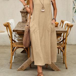 TEMU 캐주얼 슬리브리스 여성 드레스 듀얼 포켓 YT