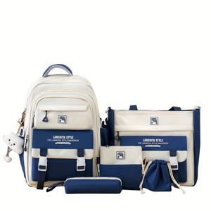 TEMU 대형 백팩, 간편한 핸드백 및 동전 지갑, 캐주얼 크로스바디 백, 필통 핸드백, 가벼운 학생용 백팩 세트로 구성된 단색 백팩 5종 세트. 학생들이 학교에 돌아오는 것을 위해 완벽합니다.