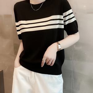 TEMU 여름 캐주얼 편안한 라운드넥 반팔 한국 스타일 풀오버 베이스 셔츠, 나이 감추는 니트 아이스 탑