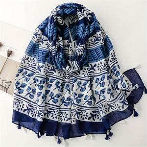 TEMU 봄/여름 신상 여성 네이비 블루 스타일 물결 패턴 부드러운 캐주얼 태슬 스카프 패션 스카프 여행 바캉스 비치 타월 헤드 스카프 숄