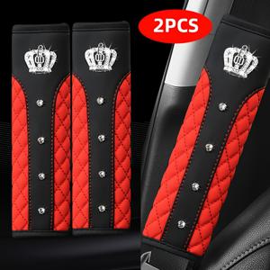 TEMU 2개 세트 장식 크라운 자동차 안전벨트 어깨 패드, PU 가죽 퀼팅 디자인 - 세련되고 내구성 강한 안전벨트 보호대 자동차 액세서리