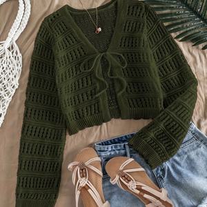 TEMU 여성용 휴가 캐주얼 솔리드 컬러 홀우 숏 가디건, 롱 슬리브 오픈 프론트