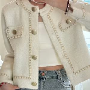 TEMU 화이트 셀럽 인품 하이엔드 패션 감각, 작은 향기 스타일 긴팔 니트 재킷 여성용 신상 클래식 이지 라운드넥 긴팔 탑