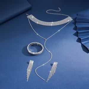 TEMU 3pcs 신상 세트 (쇼커 목걸이, 풀 라인 스톤 장식 팔찌, 귀걸이 포함)