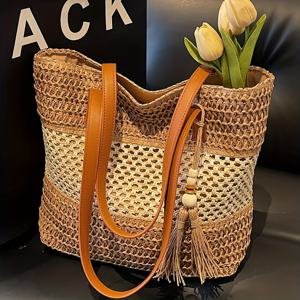 TEMU 퍼펙트 릴리 여성용 대용량 직조 핸드백 - 빈티지 스타일, 프린지 및 비즈 장식, 내구성 있는 사이잘 로프, 지퍼 클로저, 비치, 쇼핑, 업무용 경량 - 라이트 브라운//그린