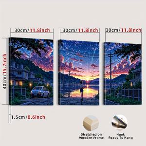 TEMU 2D 플랫, 2D 플랫, 제품은 프레임이 있는 플랫 디자인을 특징으로 하며, 3개의 나무 프레임 캔버스에 애니메이션 및 만화 성 포스터와 판타지 풍경 장식이 포함되어 있습니다. 친구와 가족을 위한 이상적인 선물입니다.