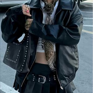 TEMU 여성용 아방가르드 캐주얼 라펠 루즈핏 긴팔 인조 가죽 재킷