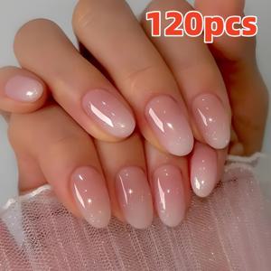 TEMU 120개입 중간 사이즈 연꽃 뿌리 파우더 컬러, 그라데이션 타원형 웨어러블 네일, 글로시 프레스온 인조 네일, 젤리 글루 및 네일 파일 포함, 여성 데일리 웨어에 매우 적합