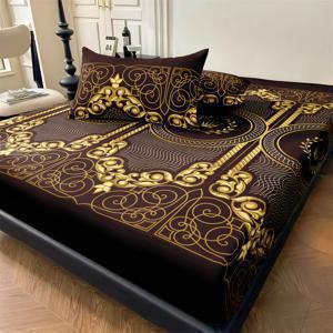 TEMU 3pcs 유럽 왕관 프린트 침대 시트 세트, 침대 시트 1개 + 베갯잇 1개