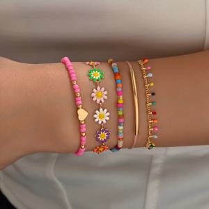 TEMU 5개/세트 프레쉬 앤 스위트 글레이즈 데이지 꽃 팔찌 여성용 플로럴 페인팅 오일 드롭 팔찌 비즈 러브 여름 도파민 컬러 매칭 선물용 데일리 여행 착용