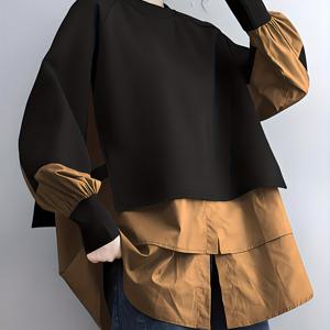 TEMU 플러스 사이즈 - 플러스 사이즈 - 패치워크 디자인의 신상 스타일리시하고 멋진 캐주얼 루즈핏 긴팔 스웨트셔츠. 통기성 좋고 편안한 원단으로 제작되었으며, 라운드넥과 집게 소매가 특징입니다.