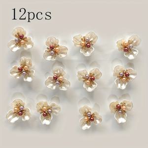 TEMU 진주 꽃과 라인스톤이 특징인 장식 버튼 12개 세트. 헤어 장식, 신발, 의류, 가방 및 공예 재료를 사용하는 프로젝트에 적합합니다.