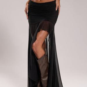 TEMU 여성용 솔리드 컬러 플리츠 메쉬 패널 사이드 슬릿 스커트