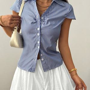 TEMU 캐주얼 슬림핏 벨티드 프론트 오픈 칼라 반팔 셔츠, 캐주얼 패션 엘레강트 봄/가을 신상