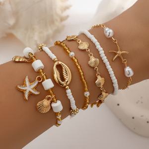 TEMU 6개 스택형 팔찌 세트, 스타일, 유리 시드 비즈 & 철 체인, 합금 에나멜 펜던트 & 폴리머 클레이, 인조 & 조개, 우아한 데일리 바캉스 해변 바다 스트랜드, KC 골드 도금, 올매치, 피부 친화적