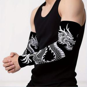 TEMU 여름용 남성 쿨링 암 슬리브 1쌍, 블랙 베이스에 화이트 드래곤 패턴 프린트, 캐주얼 스포츠 쿨 암 프로텍터, 기념일, 발렌타인데이, 할로윈, 크리스마스, 생일, 결혼 선물, 가족과 사랑하는 이를 위한 남녀 공용 암 슬리브