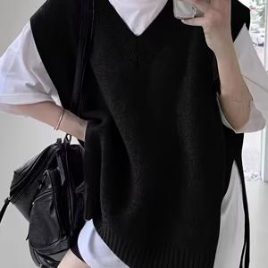 TEMU 신상 가을 겨울 루즈핏 V넥 슬릿 스웨터, 한국 버전, 탑 위에 오버할 수 있는 긴팔 민소매 스웨터 조끼로 입기 좋음