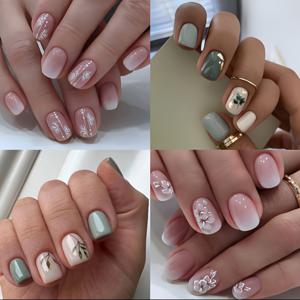 TEMU 96개 (4세트) 여성용 광택 짧은 사각 핑크 그린 그라데이션 플로럴 프레스 네일 세트, 웨딩 네일, 파티 네일, 재사용 가능한 내구성 있는 프레슨 네일, 패션 네일 액세서리, 뷰티 애호가를 위한 4종 키트 포함