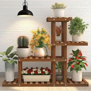TEMU 실내용으로 7개의 화분을 보관할 수 있는 나무 4단 꽃꽂이, 가볍고 튼튼한 실내/외 식물 정리대, 발코니, 파티오, 정원용 삼각형 격자 디자인, 다중 화분을 위한 공간 절약형 보관, 발코니 장식