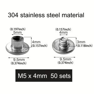 TEMU 100개(50세트) 5x4mm 스테인리스 스틸 시카고 나사 및 리벳 - 십자 머리, 듀얼 사이즈(5x4mm), 도장본, 사진 앨범, 가방, DIY 공예용 부식 방지, 공예용 리벳, 광택 메탈릭 마감, 부식 방지 강철, DIY 지갑 제작용
