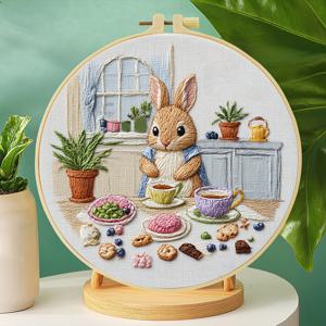 TEMU 1개 자수 키트, 20x20cm/7.9x7.9인치 주방 토끼, 패턴 DIY 자수 키트, 성인 초보자용, 자수 천, 설명서, 자수틀, 바늘과 실 포함, 친구나 가족을 위한 크리스마스 선물, 가구, 사무실 수제 예술품