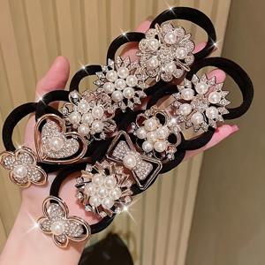 TEMU 우아한 블랙 헤어타이 - 이미테이션 진주 & 플로럴 액센트, 고탄력성과 내구성 있는 소재의 시스루리스 포니테일홀더 | 빈티지 스타일, 다용도 헤어 액세서리|빈티지 헤어 액세서리|패셔너블한 여성을 위한 튼튼한 헤어타이