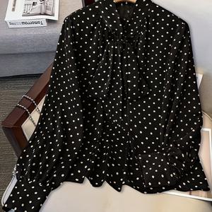 TEMU 플러스 사이즈 - 플러스 사이즈 - 플러스 사이즈 패셔너블 물방울무늬 타이업 패치워크 탑, 가을 및 겨울에 적합