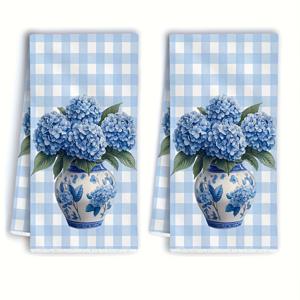 TEMU 2개, 블루 체ック무늬 수국 화분 프린트 타월, 극세사 모던 흡수성 청소용 천, 요리 베이킹 티 타월, 행주 수세미, 핸드 타월, 티 타월, 매우 부드러움, 높은 흡수성, 주방 장식, 이웃 선물, 엄마 선물, 생일 선물, 친구를 위한 달콤한 집들이 선물, 주방 액세서리, 일상용품, 생활 필수품