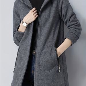 TEMU 가을/겨울 여성 패션 후드 집업 미디 기장 두꺼운 캐주얼 통근복 스웨트셔츠