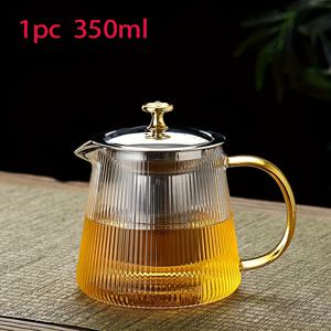 TEMU 골든 핀치드 손잡이가 있는 줄무늬 투명 유리 꽃차 주전자 1개 - 스테인리스 스틸 필터, 실내용 차 우려내기 세트, 내구성 있는 고붕화붕규산 유리 구조, 잎차와 꽃차에 적합, 차 우려내기 필수품 | 줄무늬 디자인