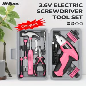TEMU Hi-Spec 3.6V 핑크색 전동 드라이버, USB 충전식 리튬 배터리 휴대용 공구 키트. 휴대 가능하며 다양한 색상으로 제공되며 다양한 가정용 시나리오에 적합합니다. 키트에는 클로 해머, 드라이버, 드릴 비트가 포함되어 있습니다.