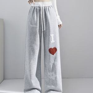 TEMU High-Waisted Contrast Color Straight-Leg Casual Sport Sweatpants for Women, New Spring Autumn Winter Style with Heart and Flower Embroidery, Loose Floor-Length Wide-Leg Pants