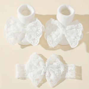 TEMU 1세트 오버사이즈 레이스 자수 달콤한 리본 풀문 스타일 미끄럼방지 뒤집기 양말 + 리본 머리띠, 풀문, 축제, 첫돌 선물용