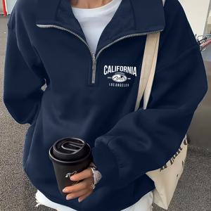 TEMU 세련된 미니멀한 영어 글자와 숫자 프린트가 돋보이는 트렌디한 여성용 캐주얼 지퍼업 스웨트셔츠 - 패셔너블한 가을/겨울 신상