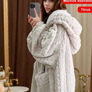 TEMU 가을/겨울 자카드 플란넬 여성용 후드 가운, 롱 루즈핏 플러스 사이즈 라운지웨어, 보온용 두꺼운 플러시, 욕실용 목욕 가운, 포켓 2개, 세탁기 사용 가능