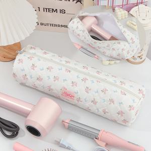 TEMU 세련된 파란색 리본 꽃 헤어 드라이어 보관 가방, 휴대용 헤어 드라이어 케이스, 컬링 아이롱 보관 가방, 염색 도구 보관 가방, 폴리에스터 헤어 도구 키트, 컬링 아이롱, 헤어 드라이어, 빗, 스트레이트너를 보관할 수 있는 가방