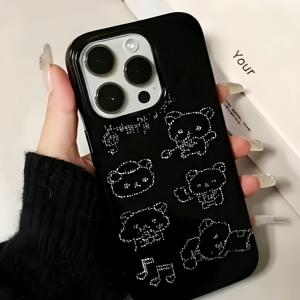TEMU 음표 귀여운 곰 한국 스타일 크리에이티브 만화 커플용 낙하 방지 내마모성 고품질 휴대폰 케이스, iPhone 17, 16, 16 Pro, 15, 15 Pro Max, 14, 14 Pro, 14 Pro Max, 13, 13 Pro, 13 Pro Max, 12, 12 Pro, 12 Pro, 11용 ~ 젤리 케이스 ~ 블랙 ~ 작은 곰 320PS