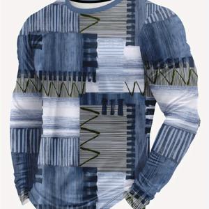 TEMU 남성용 올오버 프린트 긴팔 티셔츠 - 블루 - 화이트/블랙/그레이/베이지 세로 스트라이프가 있는 영감을 받은 기하학 패턴