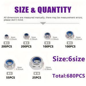 TEMU 680개 안티락 헥스 너트 - 미끄럼 방지 기능으로 설계된 풀 스레드 패스너입니다. M3, M4, M5, M6, M8, M10 사이즈로 제공되며, 산업, 건설, 전자 제품, 자동차, 장식 잠금 및 과학 분야에서 사용하기에 적합합니다.