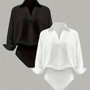 TEMU 여성용 봄/여름 캐주얼 루즈핏 심플 브이넥 긴팔 셔츠 바디수트, 단독 또는 레이어드로 입을 수 있는 스타일리시하고 우아하며 활용도 높은 2개 세트
