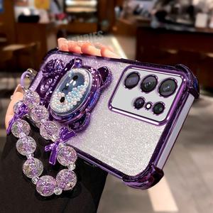 TEMU 갤럭시 S25 울트라 전용 S25 Ultra 럭셔리 도금 퀵샌드 비즈 베어 접이식 스탠드 홀더 랜야드 손목 스트랩 체인 그라데이션 글리터 충격방지 폰 케이스 TPU 소프트 보호 백커버