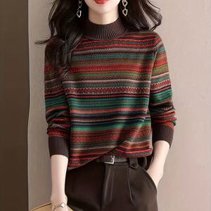 TEMU 여성용 우아한 하프 터틀넥 스웨터 - 두꺼운 베이스 레이어 & 니트웨어, 레이어링 또는 아우터웨어에 적합, 기계 세탁 가능한 겨울 스웨터, 대비 컬러 , 따뜻한 가을 블라우스 호환 브랜드 아우터웨어