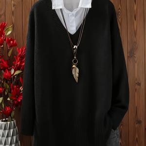 TEMU 플러스 사이즈 여성용 캐주얼하고 우아한 V넥 슬릿 스웨터, 사계절용, 베이스 레이어 또는 겹쳐 입을 수 있음, 격식 있는 자리 및 홈웨어용